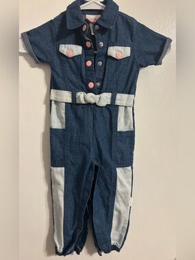 Little Lass Dark Blue Denim Romper with Light Blue Panels and Pink Buttons